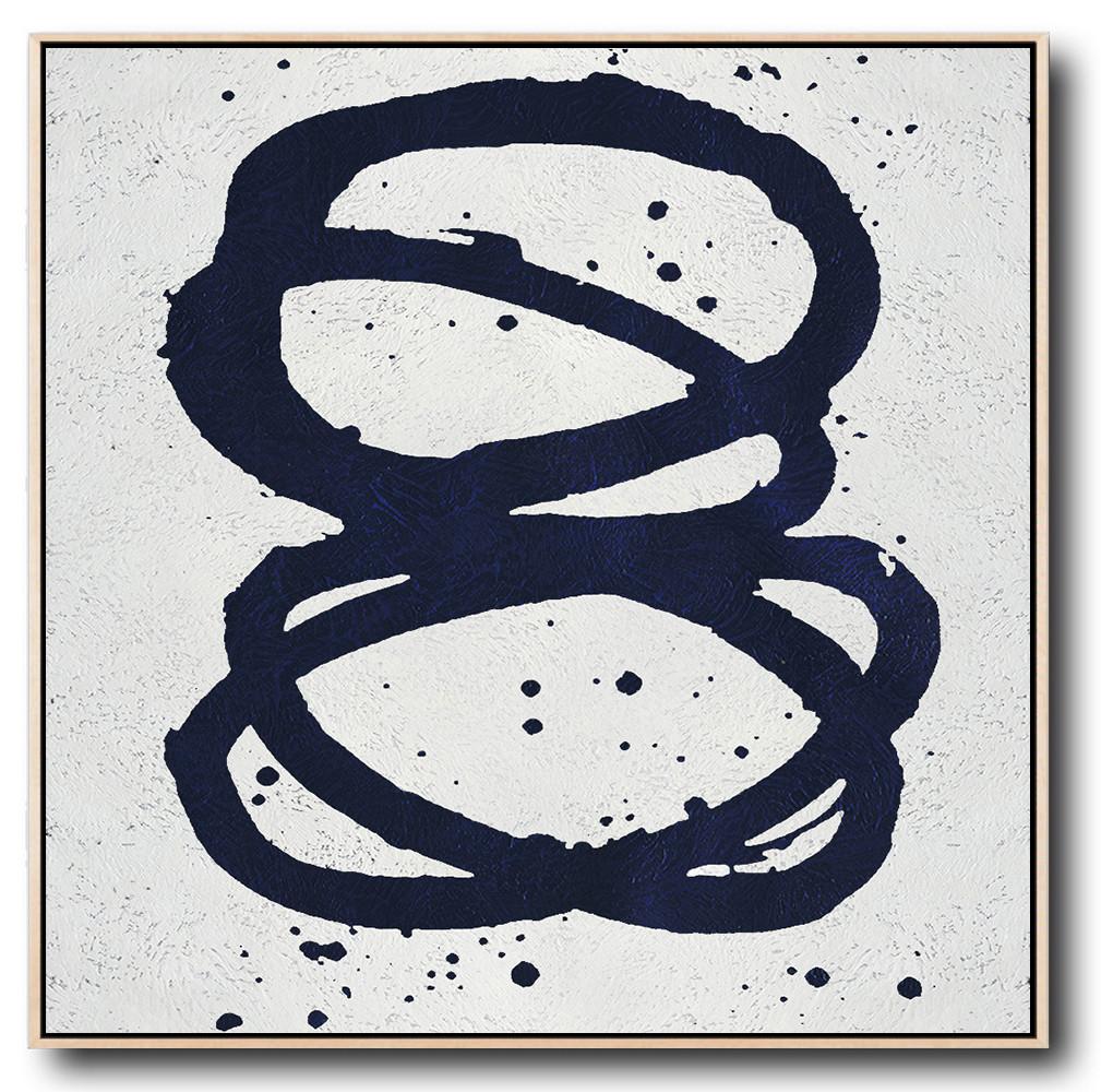 Minimalist Navy Blue And White Painting - Long Canvas Art Large